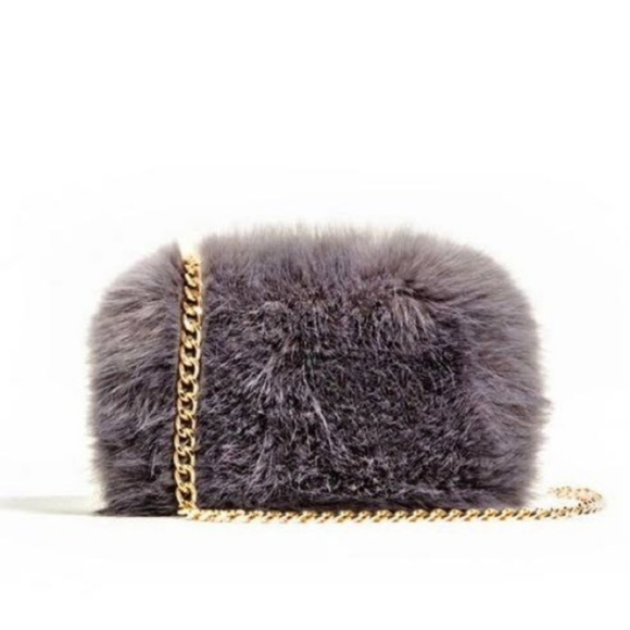 Zara Faux Fur Mini Clutch Bag Gray Cream NWT - Picture 3 of 5